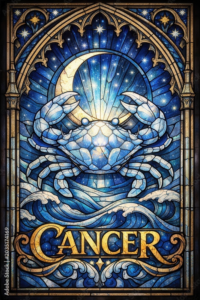 Fototapeta premium Cancer zodiac crab in stained glass style with ocean waves moon and celestial starry background
