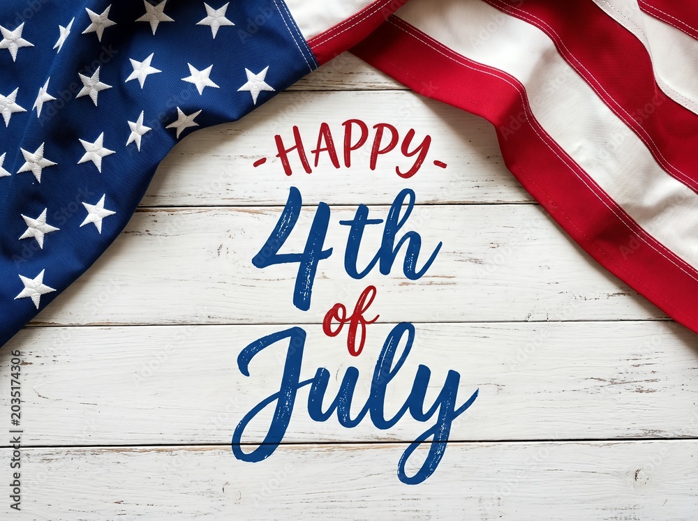Fototapeta premium An American flag with stars and stripes on wood background, celebrating USA Independence Day.