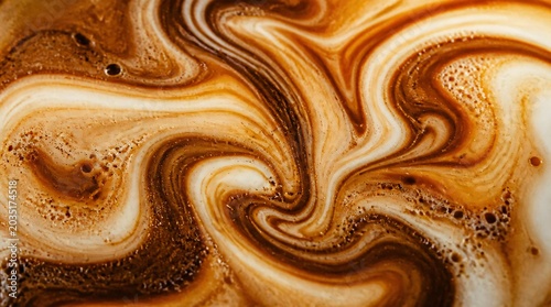 Close up of swirls cappuccino and milk foam mixed with bubbles.