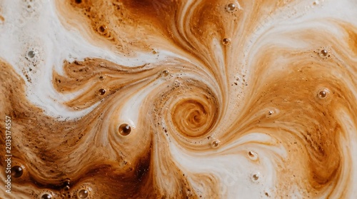 Close up of swirls cappuccino and milk foam mixed with bubbles.