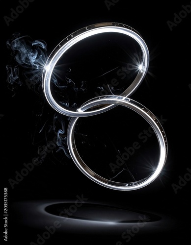 Photorealistic floating glowing metallic rings with bright reflections and soft smoke on black background, modern abstract futuristic concept