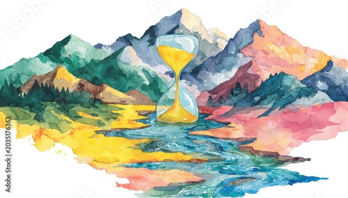 Artistic hourglass amidst colorful mountains and water reflections