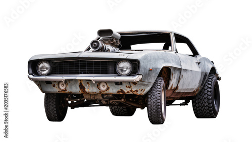 Tableau sur toile Rusty vintage muscle car with supercharger off-road tires, isolated on transpare