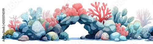 Watercolor underwater archway formed by colorful rocks and coral