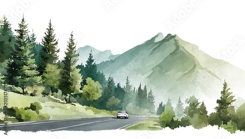 White car drives on winding road through lush green forested mountainside landscape