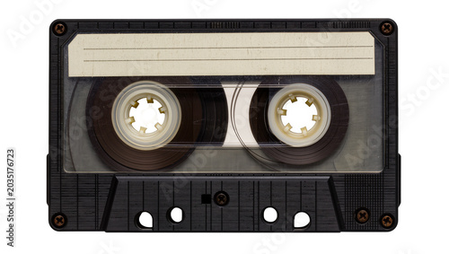 Black audio cassette tape with blank label, isolated on transparent background