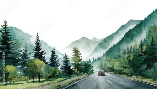 Car drives on scenic mountain highway through misty, pine-covered, green hills