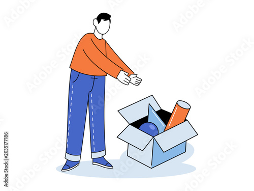Schilderij op canvas Man stands by an open cardboard box with geometric shapes vector illustration