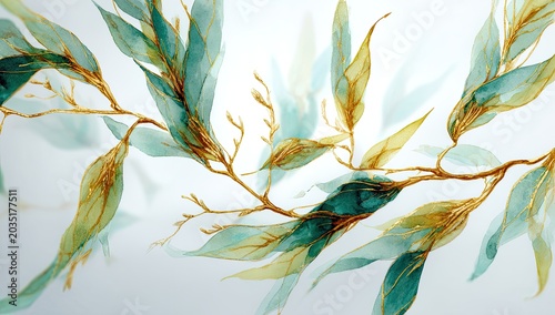 Ethereal watercolor branches with flowing green and gold leaves on white