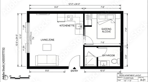 Photos Micro Apartment Floor Plan Layout with Kitchenette Living Zone and Bathroom arch