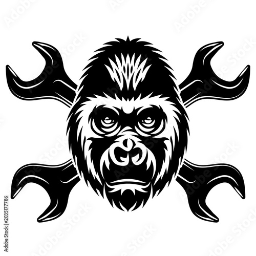 Fierce gorilla head with crossed wrenches behind it, presented in a bold, stylized black and white illustration.