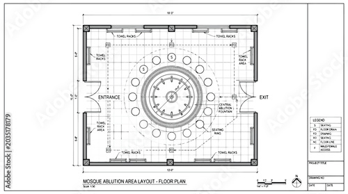 Tableau sur toile Mosque ablution area floor plan with central fountain and seating wudu area arch