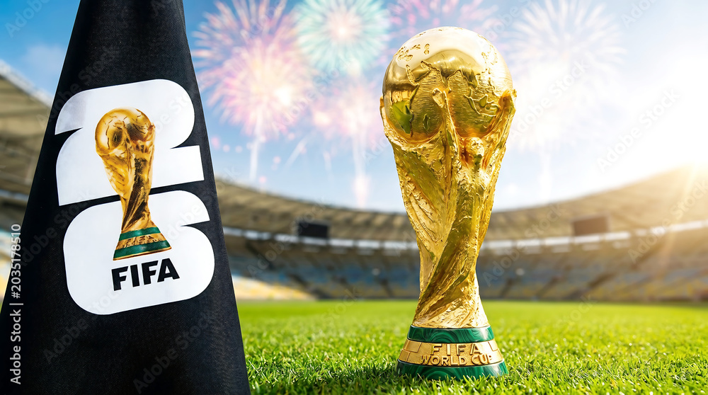 Fototapeta premium Fifa world cup trophy with flag and fireworks celebration