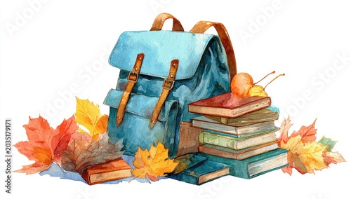 A watercolor painting of a blue backpack, books, and autumn leaves