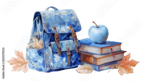 Watercolor backpack, books, and apple with autumn leaves