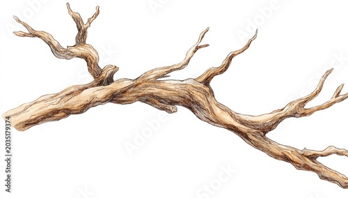 Gnarled, weathered branch with many twisting, delicate limbs against a white background
