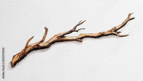 Realistic watercolor painting of a dry, gnarled wooden branch with textured details