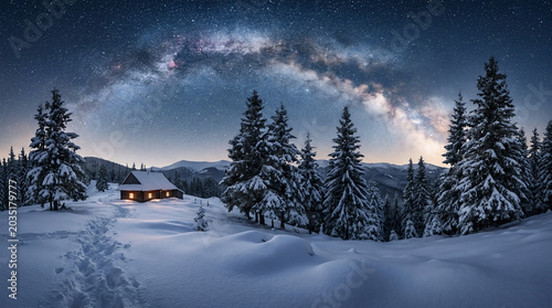 Cozy wooden cabin nestled in a snowy mountain forest under a bright starry sky during a beautiful cold winter night