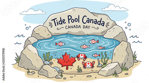 Bild auf Leinwand Canada Day Tide Pool Illustration, Canadian Flag Sea Life Characters, Patriotic