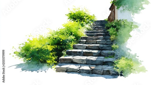 Lush green foliage surrounds rustic stone steps ascending a gentle incline