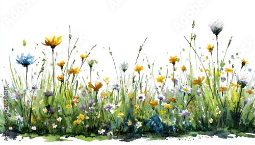 Watercolor meadow of diverse wildflowers and grasses, white background