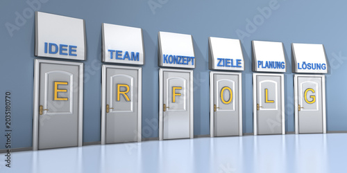 Sechs geschlossene Türen von Kreativräumen mit Idee, Team, Konzept, Ziele, Planung und Lösungen für Geschäftsstrategien, die zum Erfolg führen. §d Rendering Illustration