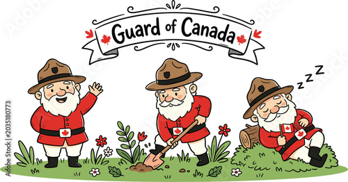 Cuadro en lienzo Canadian Gnome Guard Illustration, Cute Garden Gnomes in Red Uniform, Guard of C