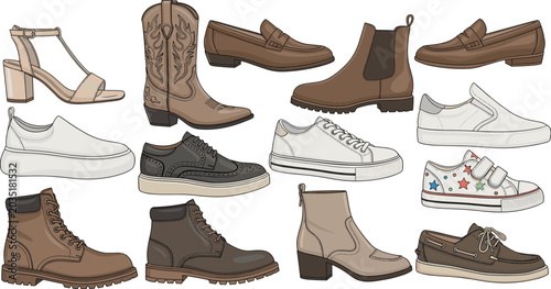 Fotografie Men and Women Fashion Footwear Vector Icon Set Featuring Leather Cowboy Boots Ch