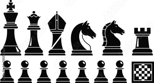 Bild auf Leinwand Black Chess Pieces Vector Icon Set Featuring King Queen Bishop Knight Rook Pawns