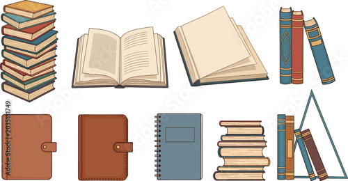 Foto Vintage Book and Leather Notebook Vector Icon Set Featuring Open Pages Stacks of