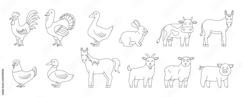 Fototapeta premium Farm animals doodle silhouette set. Black hand drawn livestock icons collection. Vector illustration isolated on white background