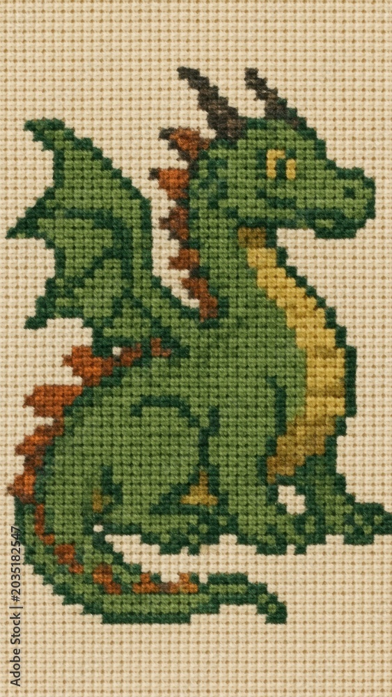 Fototapeta premium Charming cross-stitch dragon design.