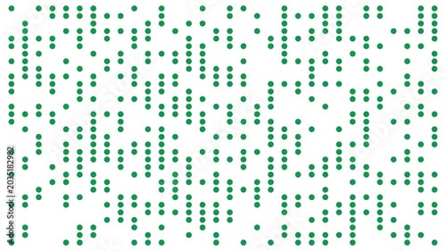 Abstract Green Rectangle Dots Appearing on White Background, Widescreen Digital Animation Loop, ideal for abstract motion graphics, dramatic visuals, and bold design projects.