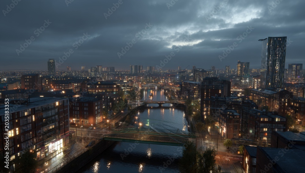 Fototapeta premium Cityscape at Dusk with Illuminated Buildings and Dramatic Sky.