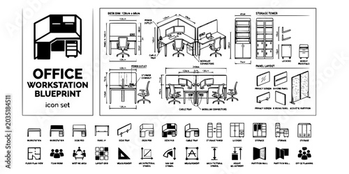 Konstfotografi Office Workstation Blueprint Black White-Panel Layout Pod Storage Tower-Office P