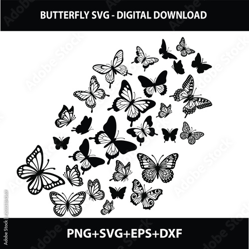 Butterfly Silhouette Swarm Set, Monochrome Flying Butterflies Vector Elements Pack for SVG Cut Files