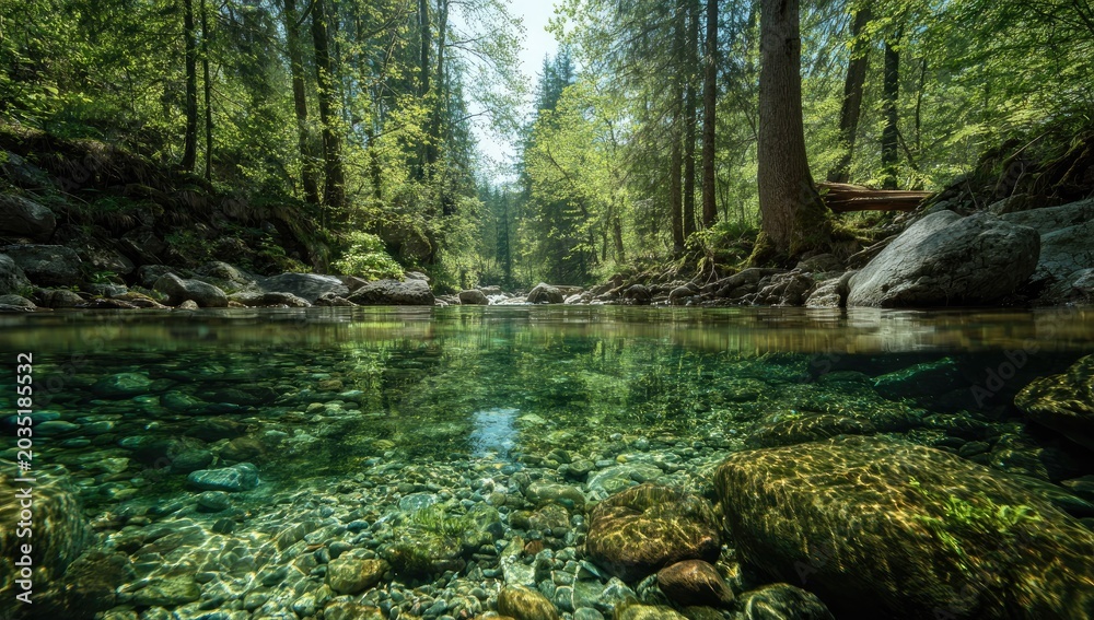 Fototapeta premium Lush forest with crystal-clear stream, sun-dappled trees, and rocky banks