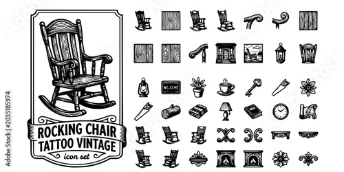 Schilderij op canvas Rocking Chair Tattoo Vintage Black White-Wood Grain Armrest Porch Classic-Home V