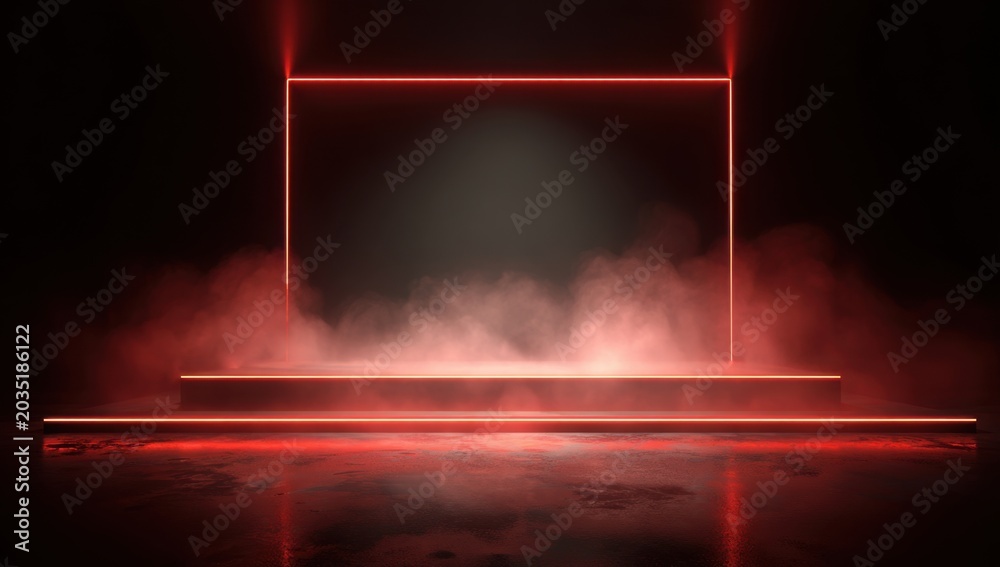 Naklejka premium Abstract Red Neon Stage with Smoke and Fog.