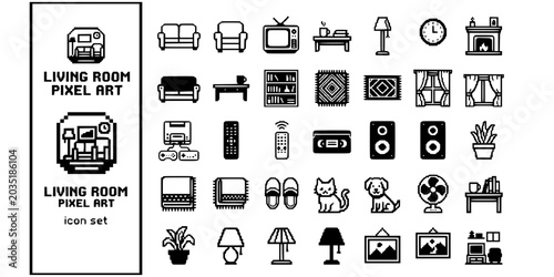 Fotografie Living Room Pixel Art Black White-Blocky Sofa Television Coffee Table-Retro Home