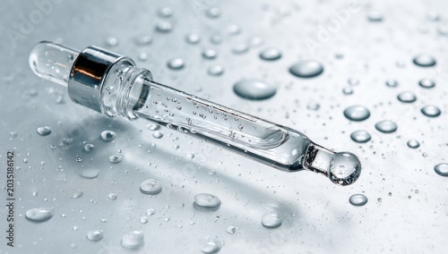 Close-up of a glass dropper with clear liquid and water droplets.