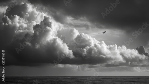 Dramatic Storm Clouds Gathering Over a Calm Ocean Horizon.