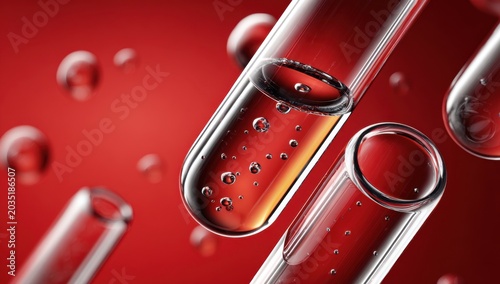 Close-up of Bubbles in Test Tubes with Red Liquid.