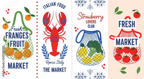 Food market banners fruits lobster lemons tomatoes colorful typography local artisanal design flat vector illustrationFood market bantomatoes colorful typography l