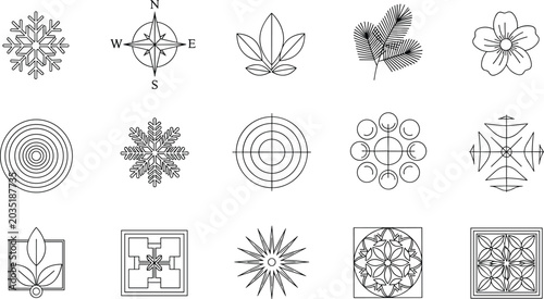 Geometric motif collection with snowflake compass leaf flower circle abstract symmetrical decorative vector design