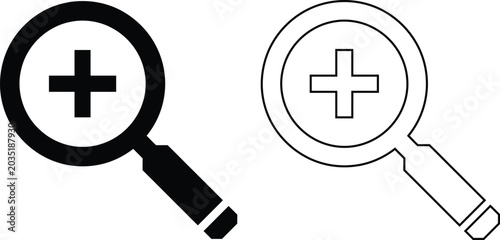 Obraz na plátně Zoom in magnifying glass vector icon set featuring a plus sign inside, perfect for web search interface development, ui app design, and enlarge magnifier tool graphic elements