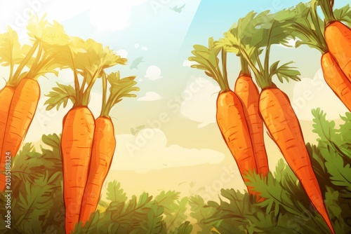 Carrots with green tops growing in a sunny garden field under a blue sky