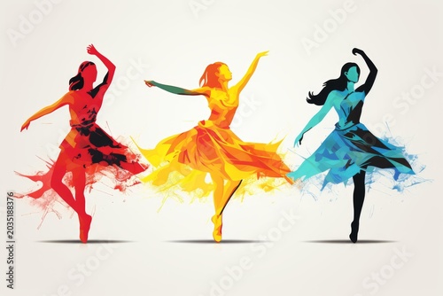 Three colorful dancers moving gracefully with artistic brushstroke effects
