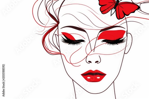 Woman's head illustration with closed eyes, red eyeshadow, lips, and a butterfly