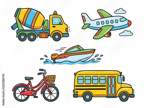 Quadro su tela Vehicles like a truck, airplane, speedboat, bicycle, and school bus are shown